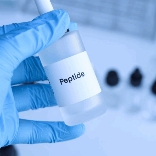 Scientist holding a vial labeled peptide for research and healthcare - OnlyPeptide